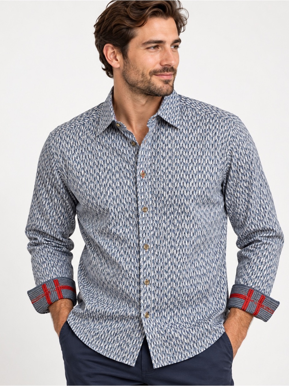 7 Downie St Button Down Shirt Mens Size 4 Large Flip Cuff Geometric Blue
